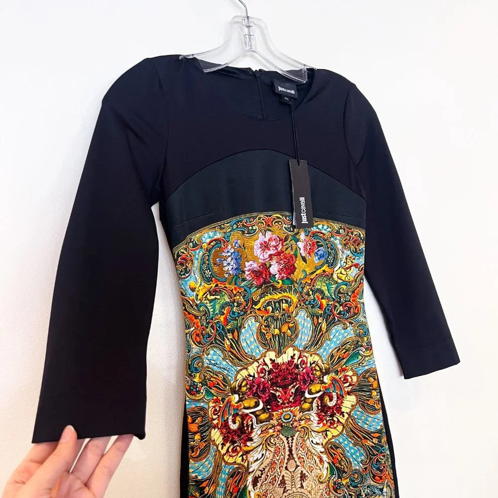 Just Cavalli Black Geometric Floral Designer Colorblock Bodycon Mini Dress XS - Picture 7 of 12